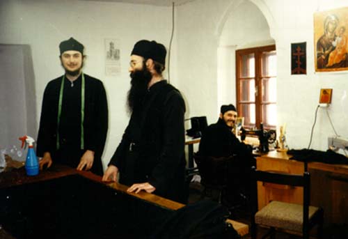 Making monastic clothes, Visoki Decani Monastery monks, Serbia