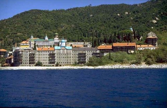 An exterior view of the monastery from the sea