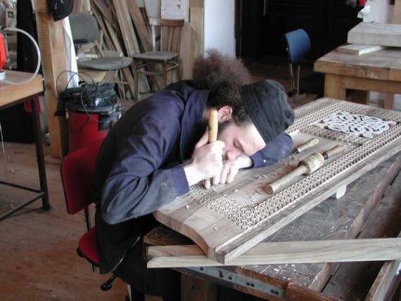 Novice Predrag in the woodcarving workshop, Visoki Decani Monastery, Serbia