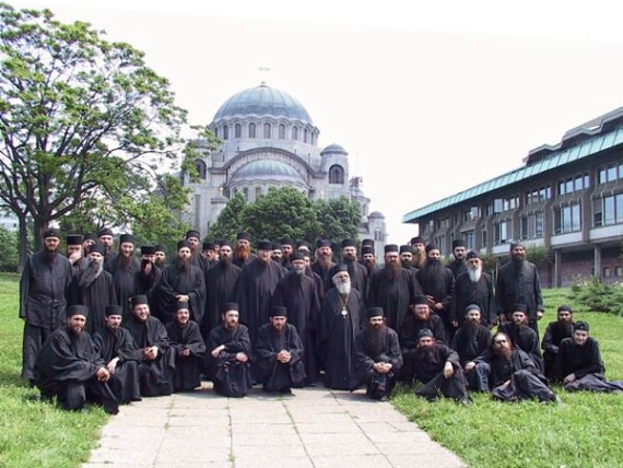 Serb Bishop Artemije and the monks in front of St. Sava Cathedral in Belgrade, Serbia