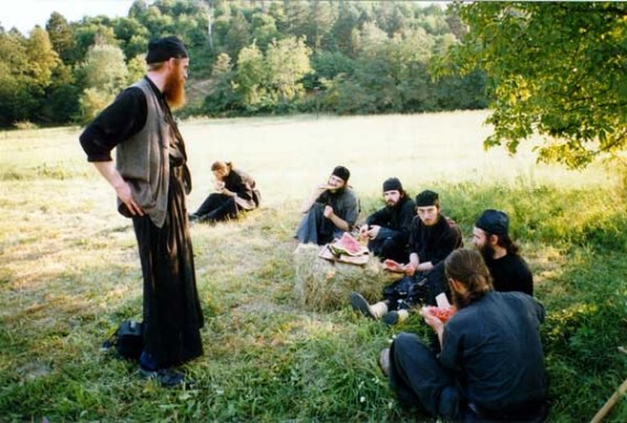A short break after the work in the field, Visoki Decani Monastery monks, Serbia