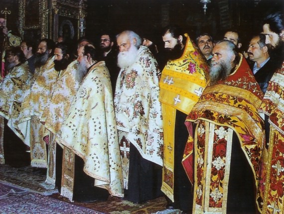 Abbot Ephraim in the middle of a group of priests at the enthronation of an abbot