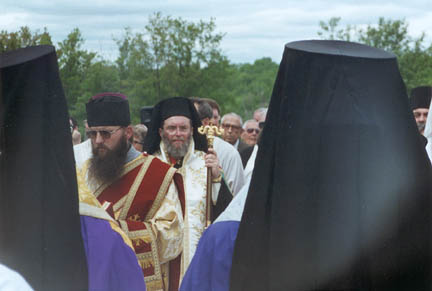10. Vigil - OCA Bishop Tikhon of the West and Antiochian titular Bishop Basil of Enfeh Al-Khoura (and Wichita) take their possessions as the initial procession enters the area for the Vigil. Each of the hierarchs were accompanied by a subdeacon or an acolyte to assist them throughout the service