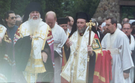 11. Vigil - OCA Bishop Tikhon of the West and Antiochian titular Bishop Basil of Enfeh Al-Khoura (and Wichita) take their possessions as the initial procession enters the area for the Vigil. Each of the hierarchs were accompanied by a subdeacon or an acolyte to assist them throughout the service