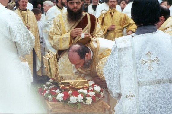 12. Vigil - Antiochian Bishop Basil of Enfeh El-khoura (and Wichita) venerates the relics of St. Raphael at the Vigil service. Bishop Basil was co-chair of the joint glorification committee
