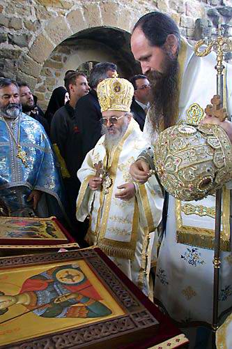 Bishop Artemije and Bishop Joanikije at Djurdjevi Stupovi Monastery, Serbia, on St. George's Day, May 6, 2002