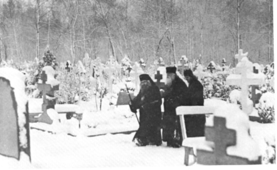 New Diveyevo Convent, Spring Valley, New York, 1965. Archbishop John on a visit to his spiritual daughters from Shanghai, who became the first nuns of New Diveyevo. He is seen here with Fr. Adrian, the convent's builder, and Fr. Adrian's successor, Fr. Alexander