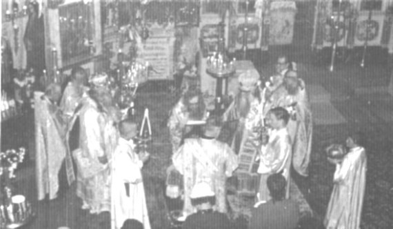 Archbishop John (center) serving with Bishop Nektary (left) and Bishop Savva (right) in the Convent of the Vladimir Mother of God, San Francisco, 1960's