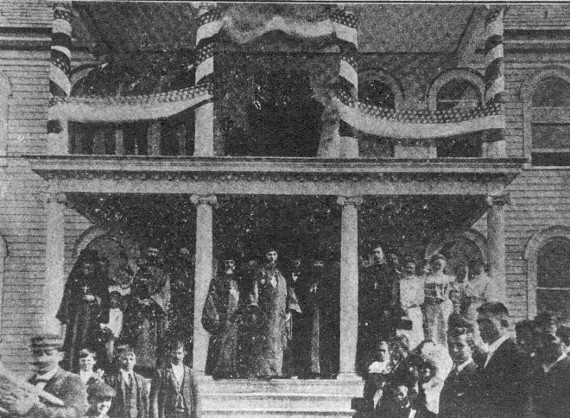 Between the two center pillars, from left to right, St. Raphael of Brooklyn, St. Tikhon of North America, and Bishop Innokenty, at the dedication of the monastery