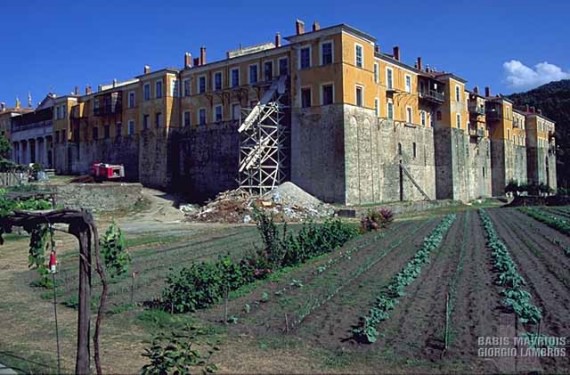 A view of the monastery from behind.You can see the fields that the monks work on