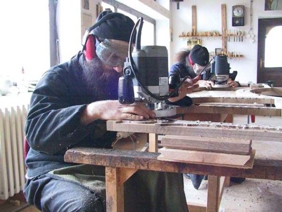 In the woodcarving workshop, Visoki Decani Monastery, Serbia