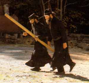 Abbot Nikolai with his novice, Crna Reka Monastery, Serbia