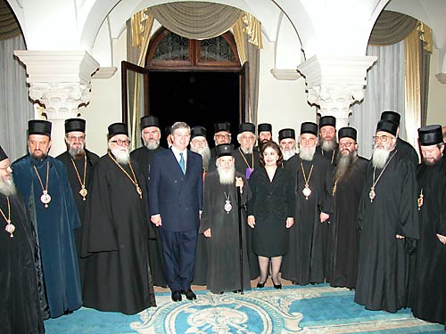 The Sinod of Serbian Orthodox Bishops with HRH Crown Prince Alexander and HRH Princess Katherine at White Palace in Belgrade, May 30, 2002