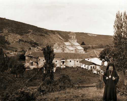Serb Bishop Seraphim in front of Decani Monastery, Serbia, photo taken before the Second world war