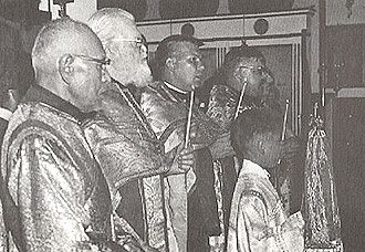 26. Protodeacon Innocent Williams, Fr Prokopy Povarnitsin, Fr Joseph Kreta, Fr George Afonsky at the Vigil during the singing of the Polielei