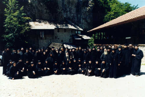 Bishop Artemy and his monks and nuns in Crna Reka Monastery, Serbia, Aug 1998